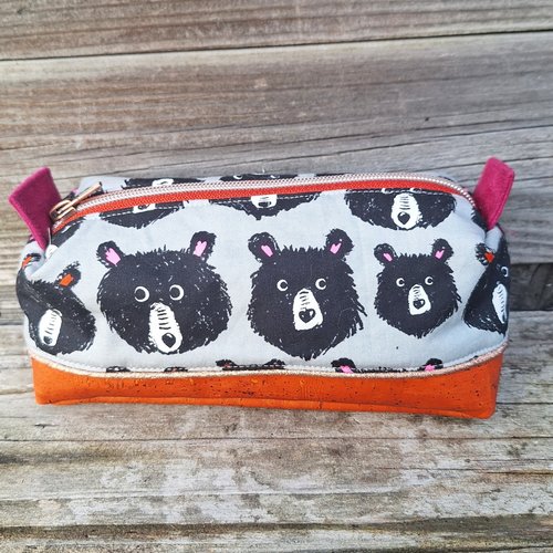 Trousse à stylos et crayons pour femme , pochette à maquillage en tissu gris avec des oursons et liège orange, fourre-tout mignon