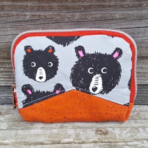 Mini portefeuille zippé pour femme en tissu gris avec des ours, liège orange, porte-cartes mignon, portefeuille minimaliste