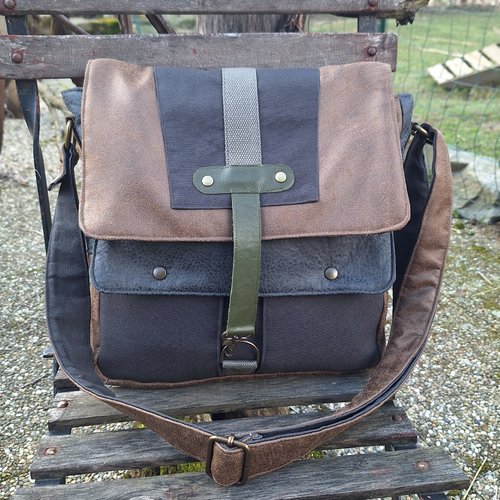 Sac  besace à bandoulière pour homme en faux-cuir, toile de coton grise, tissu  imprimé fougères et forêt,