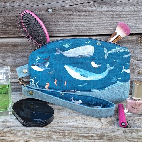 Trousse à maquillage femme en tissu bleu motif baleine, pochette clutch en  faux cuir bleu
