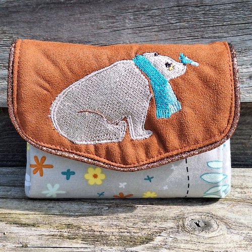 Petit porte-monnaie accordéon femme, broderie ours polaire, suédine terracotta et tissu gris avec des fleurs