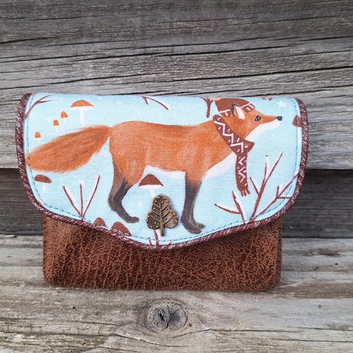 Petit porte-monnaie accordéon pour femme en tissu bleu clair avec un renard et en faux cuir camel, 3 compartiments porte-cartes
