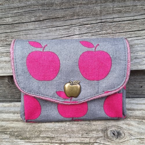Petit porte-monnaie accordéon pour femme en tissu gris avec des pommes,  porte-carte coloré  pour l'automne