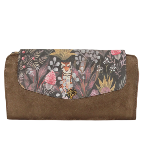 Grand portefeuille plat pour femme en suédine taupe kaki  et tissu gris avec des tigres, 12 porte-cartes et porte-monnaie