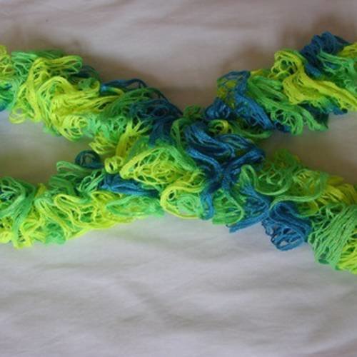 Echarpe en laine fantaisie "dégradé fluo jaune vert et bleu" 