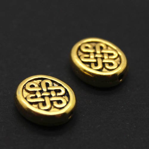 Lot de 4 perles palets ovales noeud chinois en métal doré effet vieil or ---