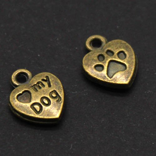 Lot de 4 petites breloques coeur "my dog" en métal bronze 