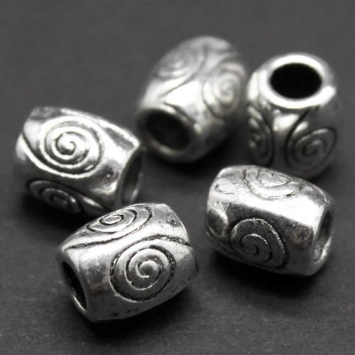 Lot de 6 perles tube pour cordon 3 mm décorées de spirales en métal argenté 