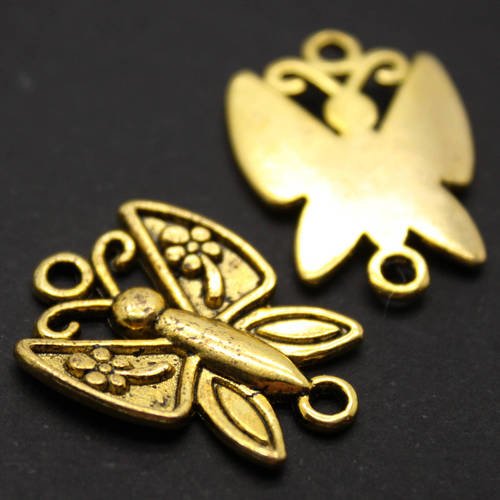 Lot de 2 breloques pendentifs connecteurs papillon en métal doré effet vieil or 