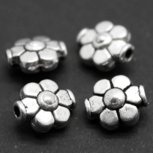 Lot de 5 perles intercalaires tubes fleurs en métal argenté effet vieil argent 