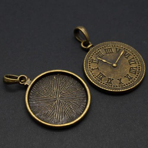 Médaillon support pour cabochon rond 28 mm avec horloge en relief au dos en métal bronze 