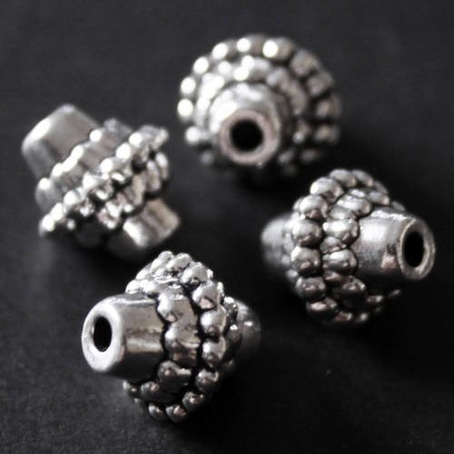 Lot de 4 perles intercalaires bicônes 10 mm en métal argenté aspect vieil argent 