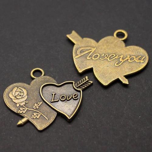 Breloque pendentif  "coeur à la rose - i love you" en métal bronze 