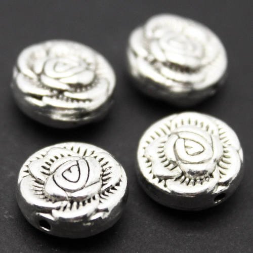Lot de 4 perles palets rondes 10 mm "rose" en métal argenté aspect vieil argent 