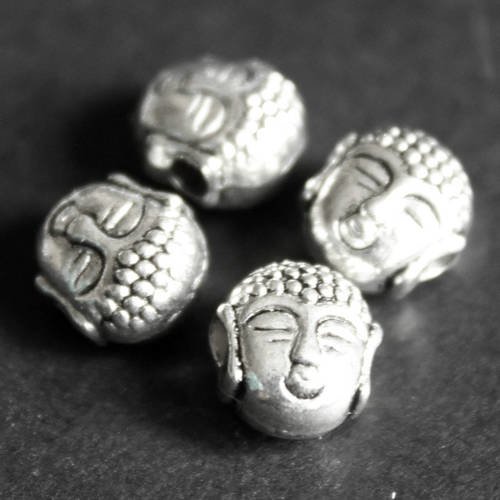 Lot de 4 perles intercalaires bouddha 7 mm en métal argenté ---