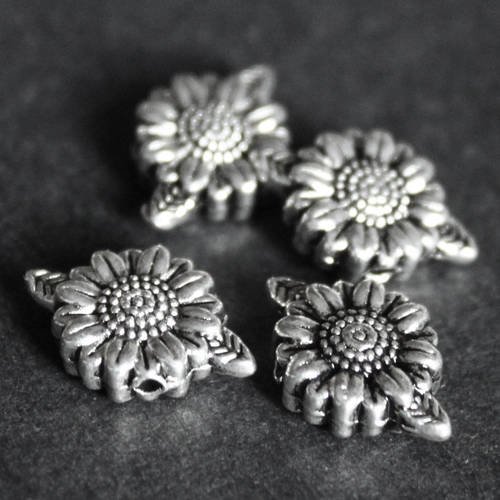 Lot de 4 perles palets "fleur de tournesol" 9 mm en métal argenté foncé 