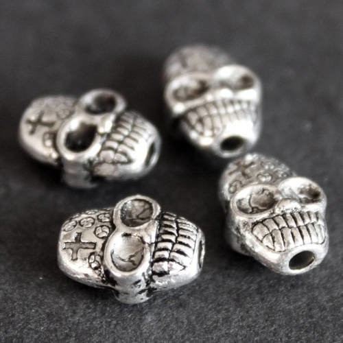 Lot de 2 petites perles palets "tête de mort" 10 mm en métal argenté foncé 