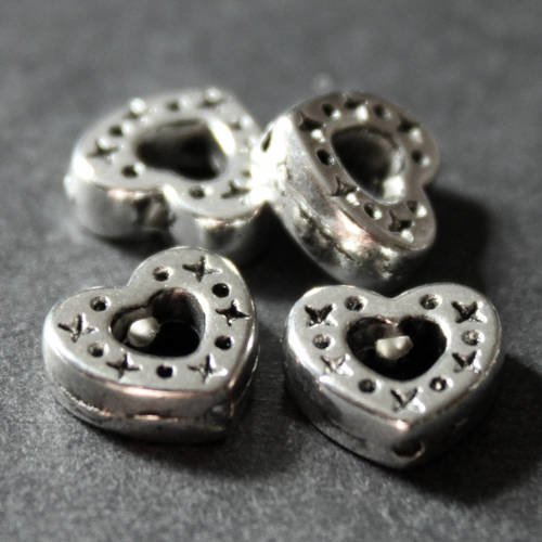 6 perles palets petit coeur 8 mm en métal argenté identique sur les 2 faces 