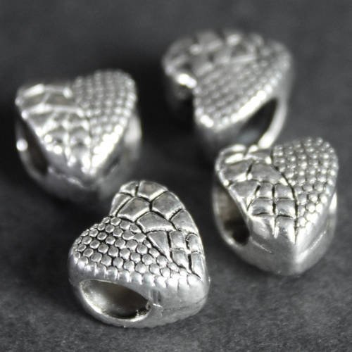 Lot de 2 magnifiques perles coeur grand trou 5 mm en métal argenté foncé 