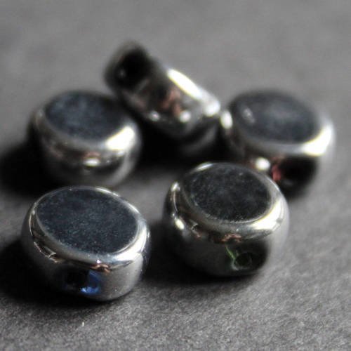 5 perles palets rondes 10 mm en verre couleur argent et tour argenté 