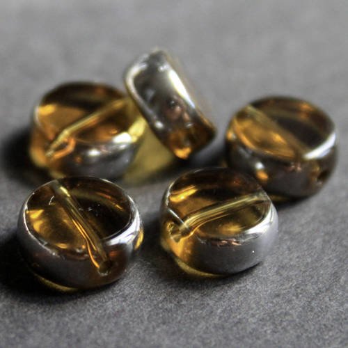 5 perles palets rondes 10 mm en verre couleur miel et tour argenté