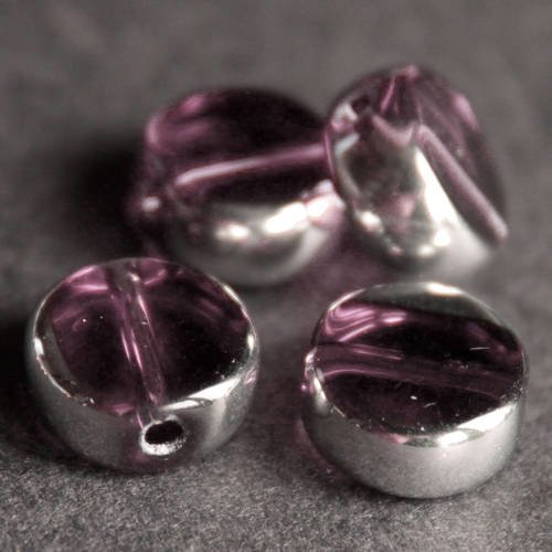 5 perles palets rondes 10 mm en verre couleur améthyste et tour argent 