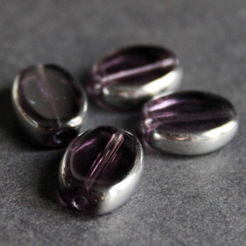 5 perles palets ovales 12 mm en verre couleur améthyste et tour argent 