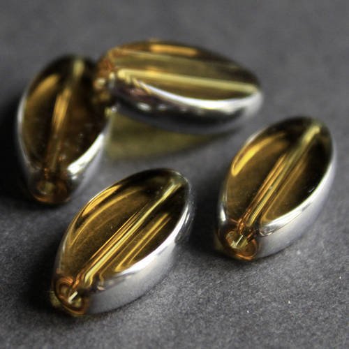 4 perles palets ovales 18 mm en verre couleur miel et tour argenté 