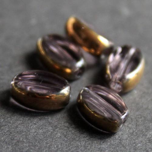 10 perles palets ovales 9 mm en verre couleur améthyste et tour doré 