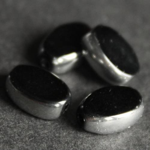 10 perles palets ovales 9 mm en verre couleur noire et tour argenté 