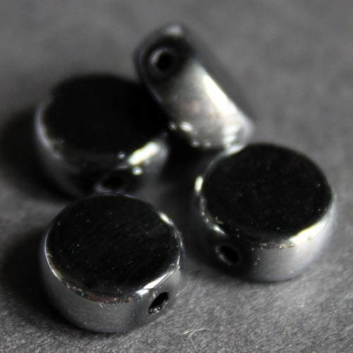5 perles palets rondes 10 mm en verre couleur noire et tour argenté 