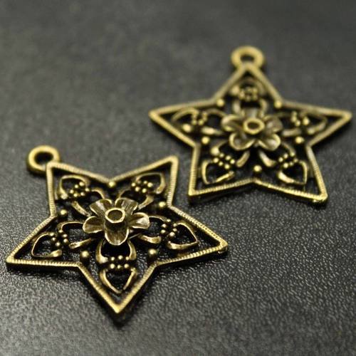 Lot de 2 breloques connecteurs "étoile fleurie" en métal bronze avec emplacements strass 