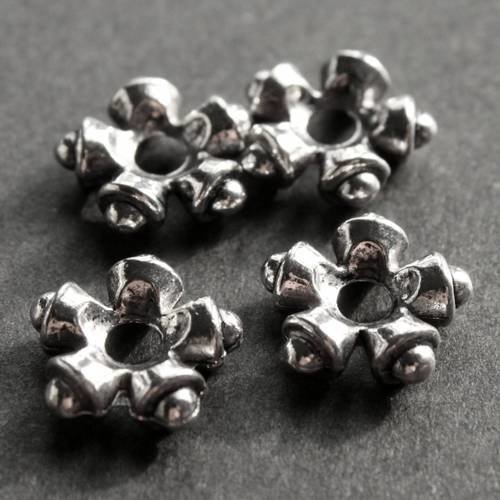 Lot de 6 perles intercalaires originales 11 mm en métal argenté effet vieil argent ---