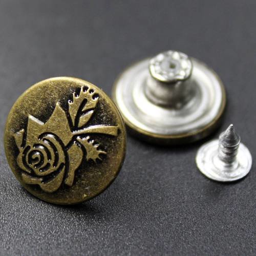 Lot de 2 boutons pression à la rose 17 mm en métal bronze ---