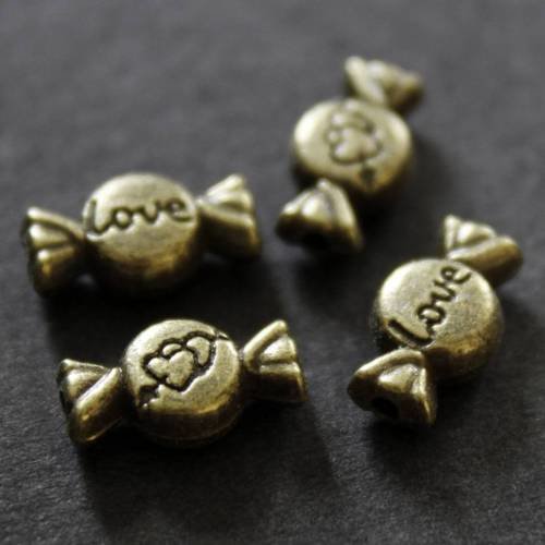 Lot de 6 petites perles intercalaires bonbons "love" en métal bronze