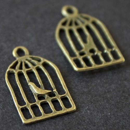 Lot de 4 fines breloques  "cage à oiseaux" en métal bronze