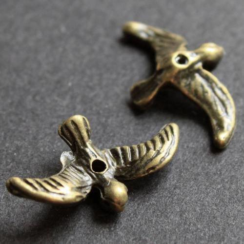 Lot de 4 perles intercalaires oiseau en métal bronze ---