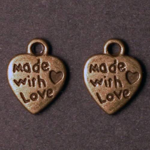 Lot de 6 breloques coeur en métal bronze "made with love" 