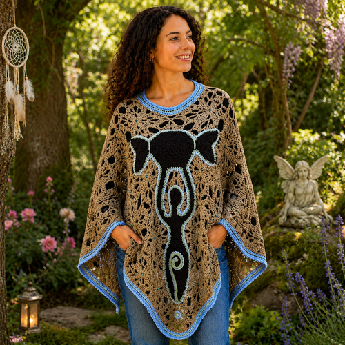 Poncho femme motif déesse "eliara" “lumière du féminin sauvage”