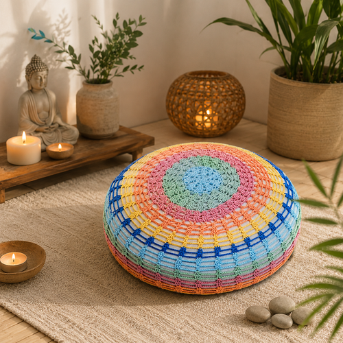 Housse de coussin de méditation / yoga au crochet " chide - éclat et zénitude"