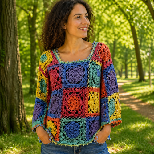 Pull granny en crochet nahara – danse des couleurs style bohème hippy chic pièce unique