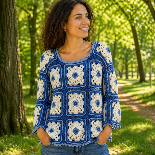 Pull granny blanc et bleu : pull fleur d’aube – granny magique**