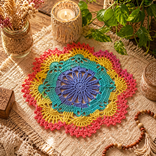 Napperon bohème au crochet " aube boréal " napperon coloré bohème fait main en france