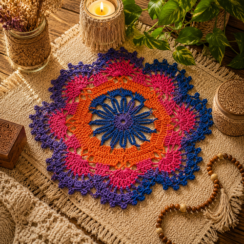 Napperon bohème hippy chic coloré au crochet "éveil d'aurore"  fait main en france