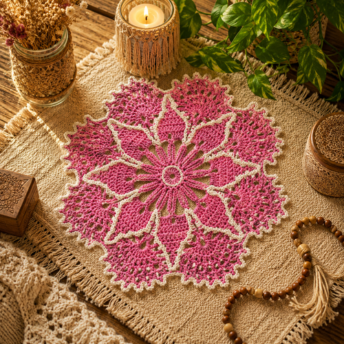 Napperon bohème hippy chic coloré au crochet "cœur de pivoine sacrée"  fait main en france