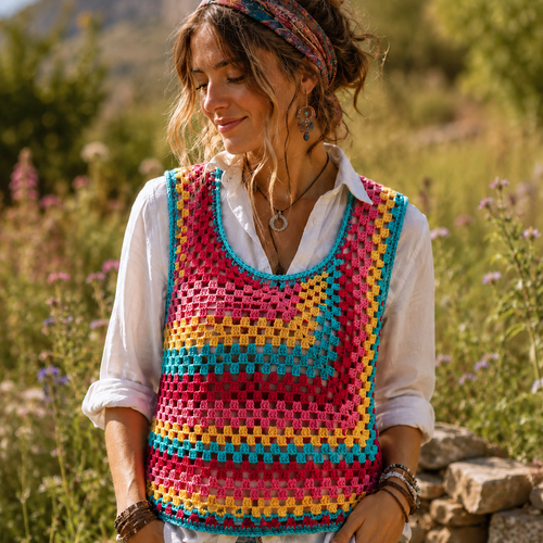Débardeur/ top au crochet  « rainbow spirit » bohème hippie chic, style vibrant, création artisanale unique