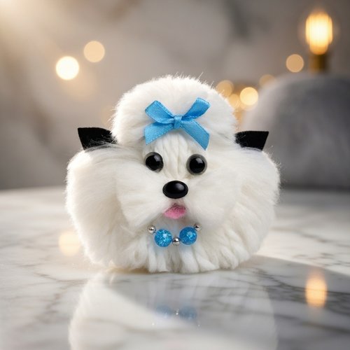 Petit chien blanc figurine artisanale en laine et perles de verre tchèque bleues