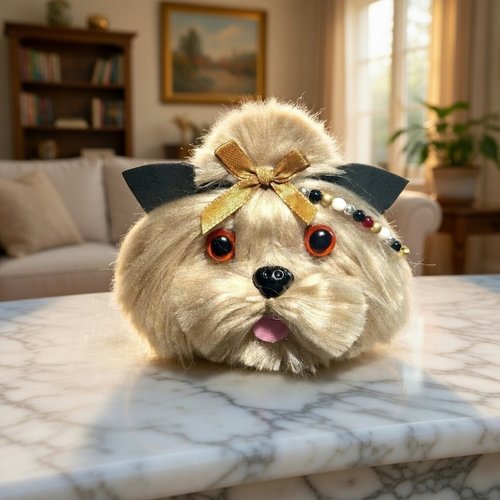 Chien pompon beige en laine fait main avec perles en verre tchèque