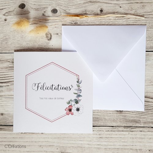 Carte félicitations mariage { eucalyptus } coloris blanc nacré avec son enveloppe