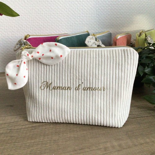 Pochette maquillage en velours côtelé beige personnalisable